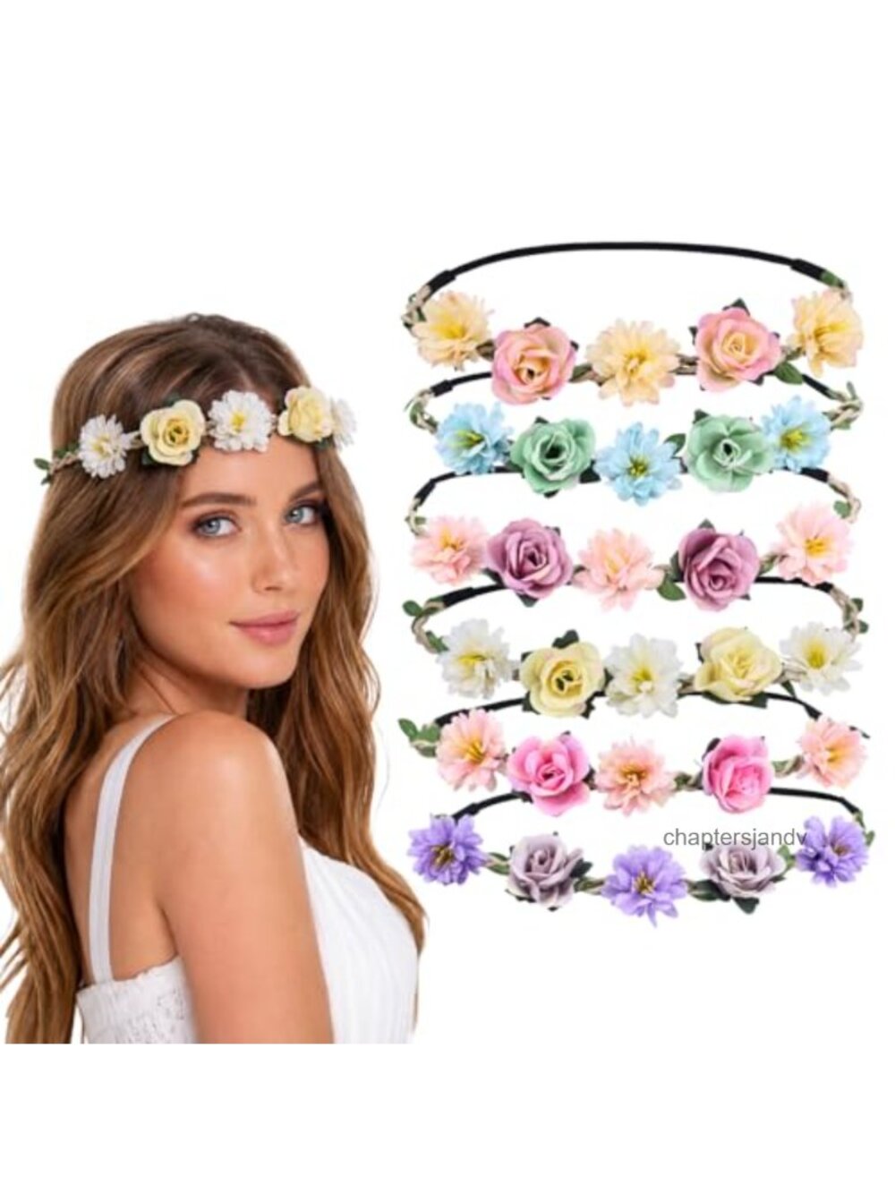 6pc Adjustable Floral Headband Flower Crown Set Fabric Hair Accessories